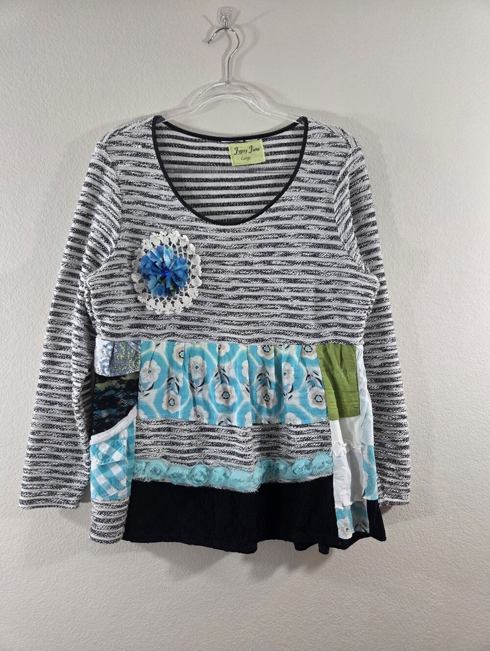JYPSY JANE Ribbed Striped Mixed Media Textured Floral Long-Sleeve Peplum Top